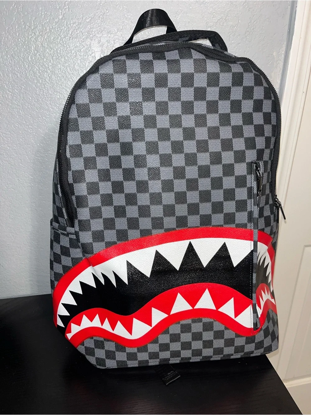 Gray Checkerboard Shark-Print Men's Backpack - Red & Black Accent